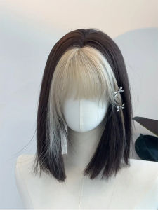 Womens Platinum Highlighted Short Straight Hair Wig Light Weight Natural Looking Full Head Cover with Bangs Hair Extension