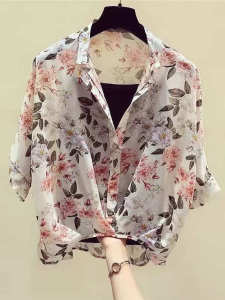 Áo Sơ Mi Chiffon Họa Tiết Hoa Mùa Hè Cho Nữ Áo Chui Đầu Cổ Chữ V Áo Ngắn Quần Áo Hai Mảnh Thời Trang Cỡ Nhỏ