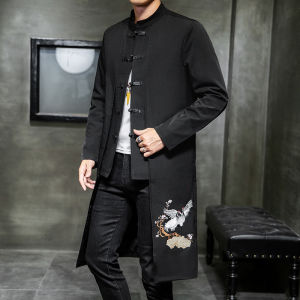Spring Mens Mid-Length Jacket Embroidered Crane Stand Collar Large Size Tang Suit Fake Two-Piece Outerwear Youth Casual Wear
