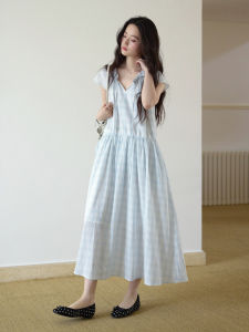 Amy wine house | Light Blue Gingham Lace Romantic Feeling Slim Waist Drawstring Womens Dress