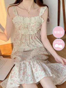 Sweet Summer Floral Cotton Sleep Dress with Chest Pad Princess Style Nightgown for Women Sleeveless Mid to Long Length Home Clothes