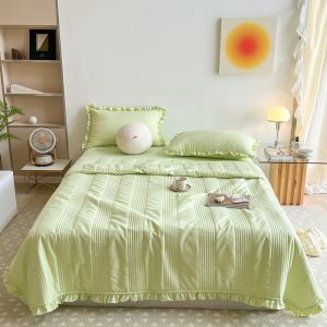 Green Washed Cotton Summer Quilt with Ruffle French Quilted Stripe Air Condition ComforterSingle Blanket 150*200cm Bed Cover