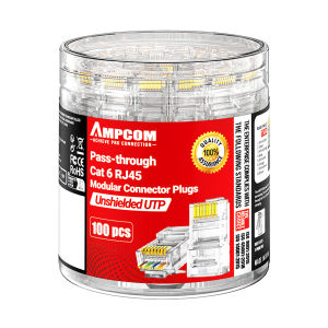 AMPCOM RJ45 CAT6 Đầu Nối Xuyên Suốt 100 CÁI Đầu Nối Mạ Vàng 8P8C Cho Cáp Ethernet UTP 23-26 AWG Đầu Cắm Mô-đun Nam