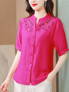 Chic Cotton Linen Short Sleeve Shirt for Middle-Aged Women Summer Fashionable Grandma Top Korean Style POLO Collar Loose Fit