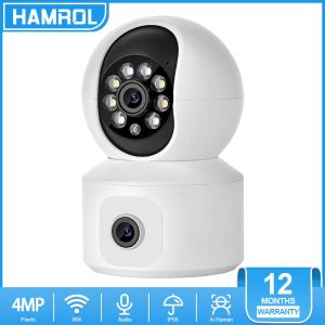 Hamrol Easy to Install HD 4MP Smart Home WIFI IP Camera With Dual Lens CCTV Security Camera Night Vision Wireless Connect to cellphone P2P iCsee