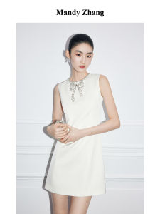 White Luxury Rhinestone Bowtie Waist-accentuated Summer Dress