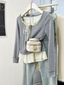 Gray Short Sleeve Long Shirt Womens U-neck T-shirt Spring Autumn Design Sense Butterfly Knot Base Shirt Female Fashion