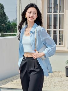 WANGGONGZHU | เสื้อเชิ้ตผู้หญิง Lenzing บาง แขนยาว ฤดูร้อน 2025 ใหม่ ป้องกันแสงแดด สไตล์จีนใหม่ กระดิ่งเปิด กระดุม ผ้าฝ้ายผสมโพลีเอสเตอร์