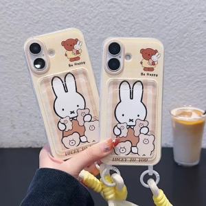 CUTE Cartoon Miffy Rabbit Card Pocket Phone Case for iPhone 11 13 12 13 14 15 16 Pro Max PLUS x XR xsmax casing Hanging ROPE Anti Fall Soft COVER FOR iphone13 Case