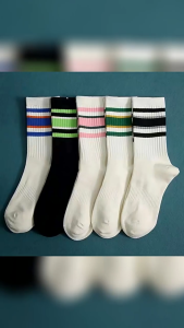 Matching Mid-Length Striped Socks Sport Over Solid Color Stockings