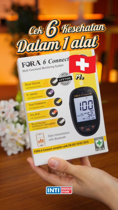 FORA 6 CONNECT - Alat Cek 6in1 Gula Darah + Kolesterol + Asam Urat + B-Keton + Hemoglobin + Hematokrit | Buatan SWISS | Connect Smartphone LED Backlight Metode Terbaru | Multi-Functional Monitoring System with BLUETOOTH