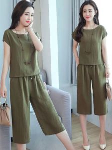 Casual Cotton Linen Set Women Summer 2025 New Fashion Stylish Small Mom Seven-Foot Pants Sports Two-Piece Set Student School Uniform Work Outfit