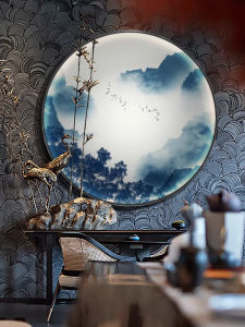 New Chinese Style round Decorative Painting Hotel Restaurant Corridor Landscape Background Wall Hanging Art Aluminum Alloy Frame