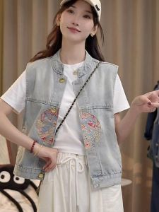 เสื้อกั๊กยีนส์สั้นแขนกุดบางสำหรับผู้หญิง ฤดูใบไม้ร่วง 2025 เสื้อคลุมกันหนาวแบบลำลอง ทรงเข้ารูป ปกตั้ง คอกลม กระดุมเดียว