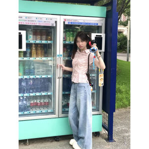 Áo Sơ Mi Nữ Tay Ngắn Ôm Vừa Vặn Họa Tiết Kẻ Caro Màu Hồng Phong Cách Hàn Quốc Mùa Hè Xếp Ly Thắt Eo Thời Trang