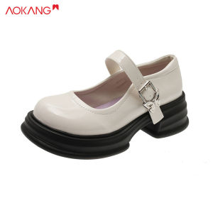 AOKANG nâng cao mũi tròn đen đế dày Cao gót pháp Giày da nhỏ giày Mary Jane cổ điển của phụ nữ