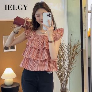 IELGY French Flying Sleeve Short Sleeve Shirt Summer New Square Collar Vest Design Sense Ruffled Short Top2026