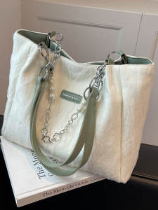 Large Capacity Zipper Tote Bag Womens Fashionable New Style Single Shoulder Bag High-End Pearl Chain Handbag Korean Style