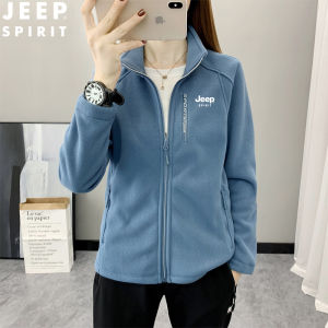 Jeep Spirit Womens Fleece Jacket Thickened Long Sleeve Zipper Closure Warmth Plush Sweatshirt Printed Casual Outerwear
