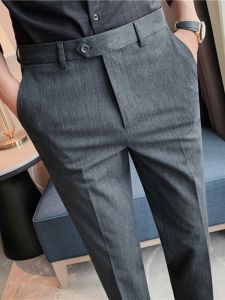 Business Casual Mens Slim Fit Long Pants Straight Leg Stripe Pattern No Ironing Required Autumn Fashion Polyester Blend