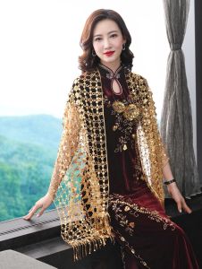 Ladieswear Wedding Suit Lace Cheongsam Gold Shawl Outer Match Summer with Skirt Thin Noble Sequin Scarf Dual-Use