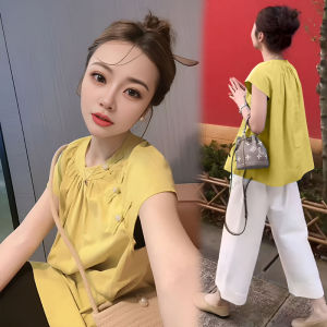 Fashionable Loose A-Line Shirt Womens round Neck Button up Fly Sleeve Pleated Slimming Summer New Style Traditional Chinese round Neck Shirt