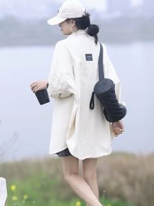 Spring Summer Womens Loose Fit Medium Length Denim Cotton Jacket Thin Outerwear Shirt Design Sensation Sunscreen Shirt