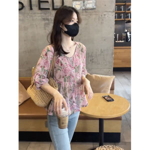 เสื้อเชิ้ตผ้าชีฟองลายดอกไม้แขนพองสไตล์เกาหลีสำหรับผู้หญิง ทรงหลวม ปกติ แขนสั้น คอกลม ฤดูร้อน 2023