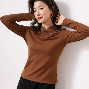 New Chinese Style Womens Long Sleeve T-Shirt Stand Collar Base Shirt Embroidery Pure Cotton Commute Fashion Spring Autumn