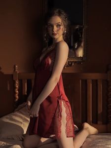 Set váy ngủ lụa viền ren kèm áo choàng cao cấp Satin stitching lace cardigan half-sleeved lace-up nightgown bathrobe womens homewear suit