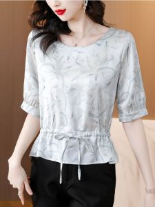 Fashionable Silk Womens Top Short Sleeve Slimming Waist Design Summer New Style Hangzhou Silk Sweet Style Soft Satin Fabric