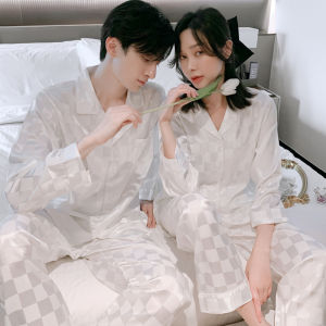 Couples Sleepwear Ice Silk Home Clothes Red Set Womens Long Sleeve Button Decorated Luxury Style Spring Summer New Arrival