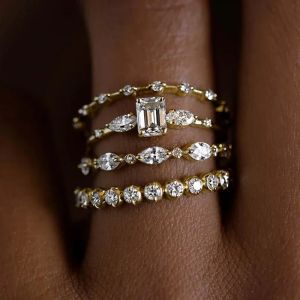 Huitan Fashionable 4Pcs Cubic Zirconia Set Rings for Women Luxury Gold Color/Silver Color Wedding Trendy Jewelry Drop Shipping