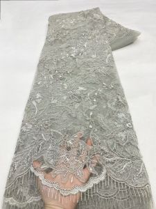 5Yards African Bridal Lace Fabric with Sequins Beaded Embroidery High Quality French Tulle for Wedding Groom Nigerian Style
