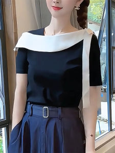 QINGNAER | One-Shoulder Ribbon Splice Colorful Short Sleeve T-Shirt Large Size