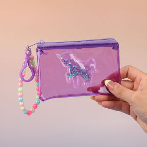 Cartoon Unicorns Sandflow Waterproof PVC Ladies Coin Purse Key Wallet Cute Female Transparent Coin Pouch Outdoor Accessories