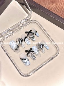 Blue Plaid Detachable Handmade Nail Tips Ap Design Wearable Nails Sweet Heart Belt Beauty Tools Chinese Style Fashionable