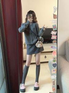 Early Autumn French Grey Embroidered Knitwear Cardigan Long Sleeve Womens Suit Skirt Two-Piece Set Loose Style Button Detail