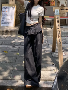 Quần Ống Rộng Viền Đen Phong Cách Mỹ Cho Nữ Mùa Hè Thiết Kế Cảm Giác Quần Áo Công Sở Rộng Rãi Làm Thon Gọn