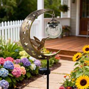 Solar-powered Moon-shaped Ground Light with Hummingbird and Glass Ball Decorations Suitable for Outdoor Patio Decoration and Ho