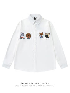 เสื้อเชิ้ตแขนยาวทรงหลวมสไตล์ญี่ปุ่น MOISHE TIDE สำหรับผู้ชายและผู้หญิง ลายสุนัขการ์ตูนย้อนยุค ผ้าโพลีเอสเตอร์ ทรงปกติ