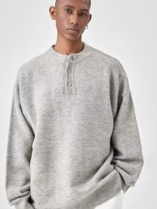 เสื้อสเวตเตอร์คอฮันนาลีถักผ้าขนสัตว์ทรงสลิมฟิตสำหรับผู้ชาย แขนยาว ปิดด้วยกระดุมครึ่งตัว สไตล์อเมริกัน เสื้อคลุมกันหนาว