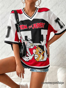 Hot Toys | Summer New Cartoon T-shirt For Women Cute Tom&Jerry Print V-Neck Mesh Breathable Sports Football Jersey Oversized Loose Y2K Tops