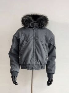 Mens Winter Thickened Fleece Lined Hooded Cotton Jacket Retro Fur Collar Quilted Warm Casual Coat Polyester Fiber Zipper Closure