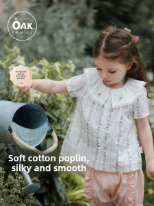 OAK FAMILY | Pure Cotton Short Sleeve Shirt For Girls Baby Summer New Arrival Oak Family French Country Style Lace Collar Little Girl Shirt
