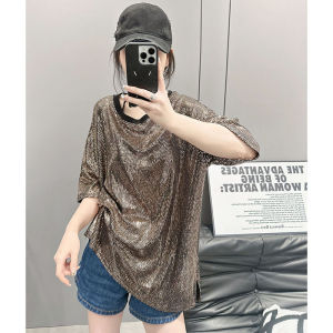 Fashionable Glitter Short Sleeve Mid-Length T-Shirt Womens Summer Clothes Sweet And Spicy plus Size Cover Belly Slimming Youthful Polyester Fiber