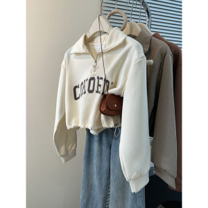 Small Short Waist Hem Sweatshirt Womens Autumn Thin K-style Loose Slim Looking Half Zipper Polo Collar Tops