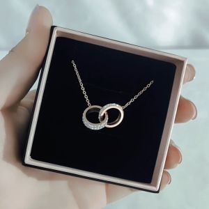 SO SEOUL Aurelia Barrel Double Circle Interlocking Austrian Crystal Rose Gold Pendant Chain Necklace