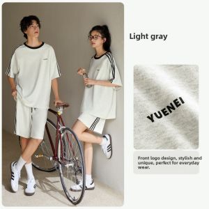yuenei | Couples Cotton Pajamas Summer Lightweight Short Sleeve Shorts Home Wear Sporty Casual Can Be Worn Outside For Young Adults