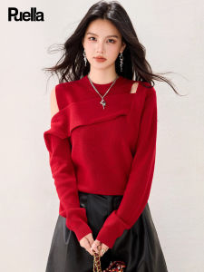 Puella | Hollow-out Design Knitwear Red Long Sleeve Off-shoulder Top